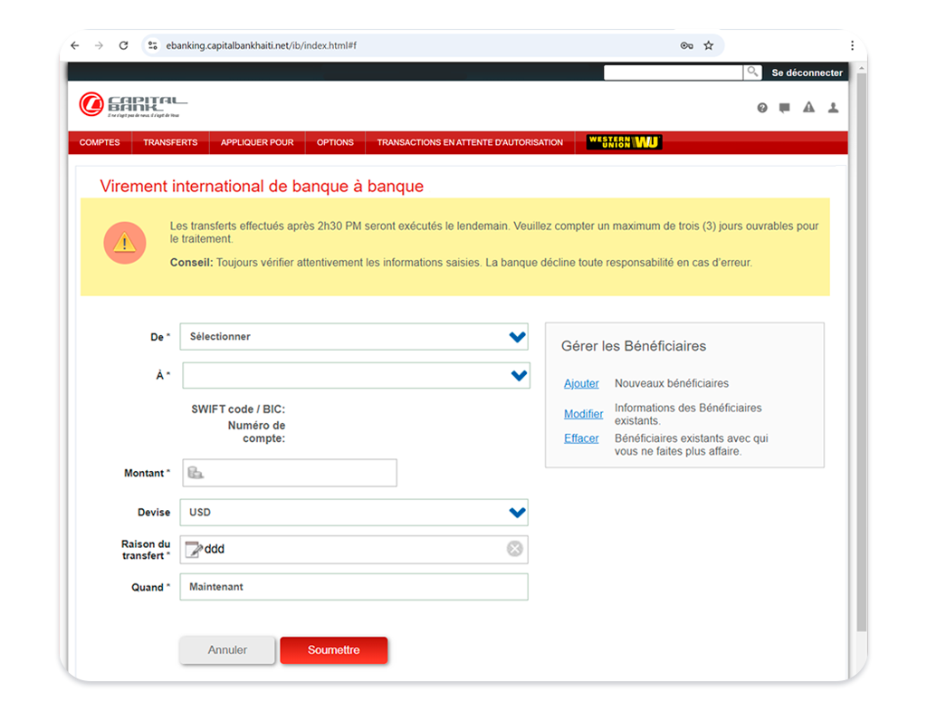 Marche à suivre pour l'envoi d'un transfert international à partir de Capital Bank Online