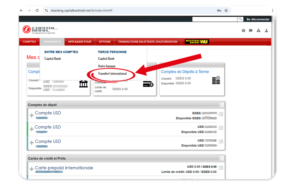 Marche à suivre pour l'envoi d'un transfert international à partir de Capital Bank Online. Page de menu.