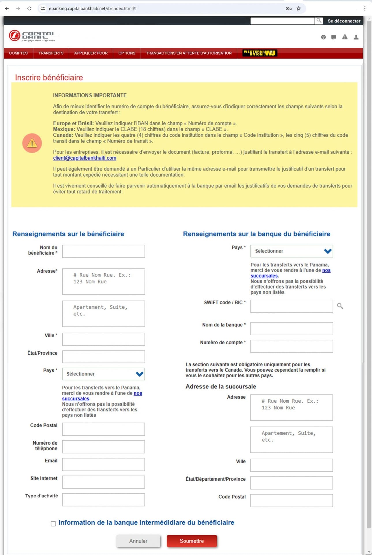 Marche à suivre pour l'envoi d'un transfert international à partir de Capital Bank Online. Page de menu. Création du bénéficiaire.